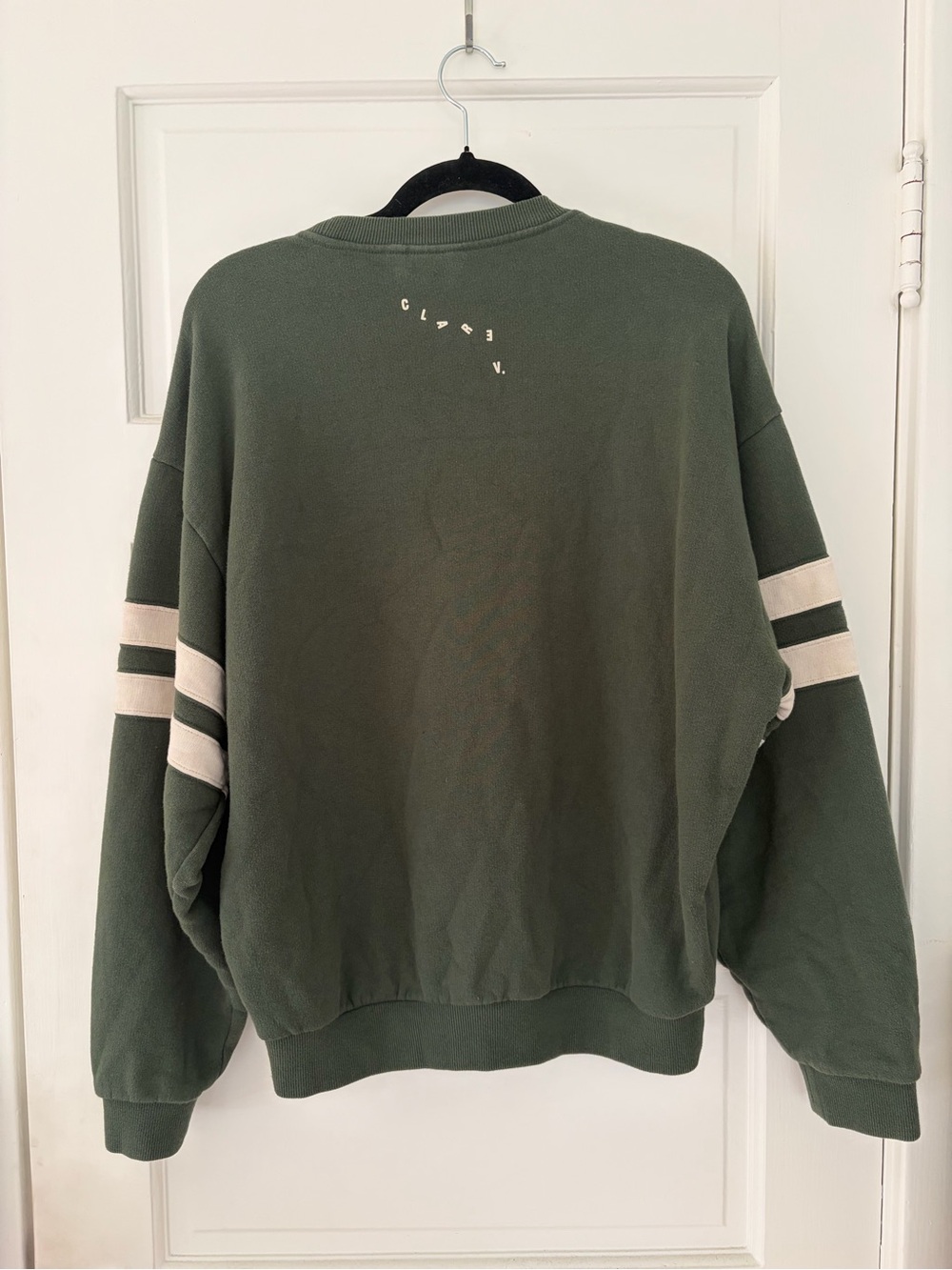 Clare V. Oversized Varsity Sweatshirt in Olive Green with White Sleeve Stripes - Picture 4 of 4